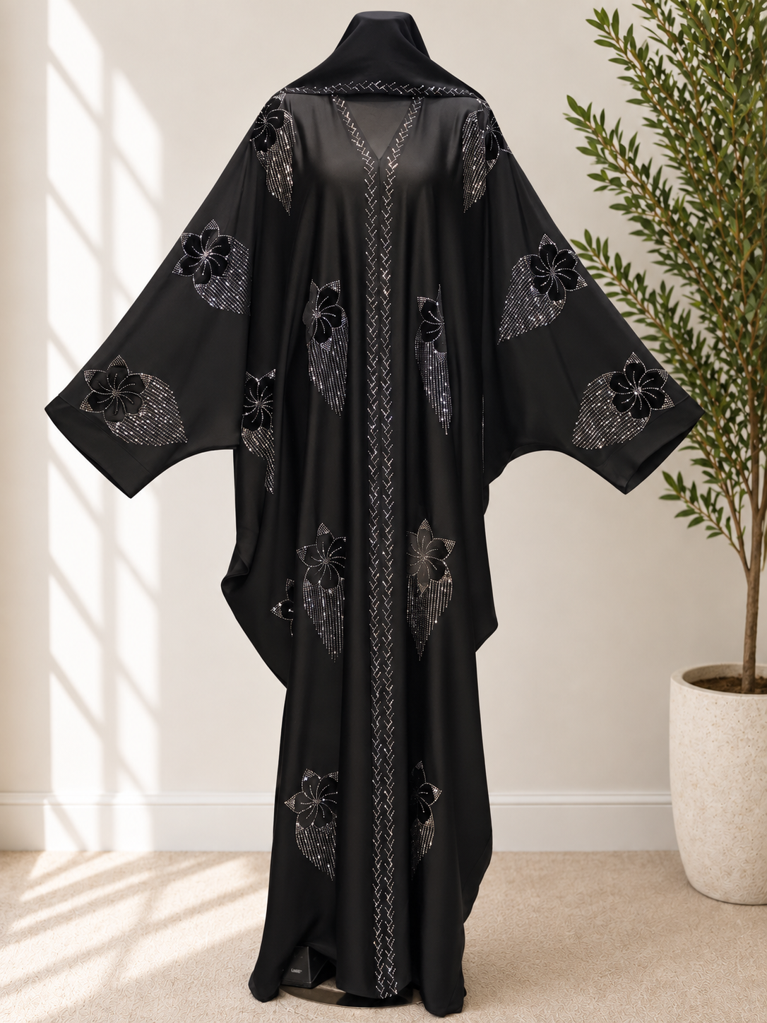 Luxury Black Floral Crystal Butterfly Abaya – Elegant Full-Length Occasion Kaftan with Flowing Batwing Sleeves and Silver Embellishment