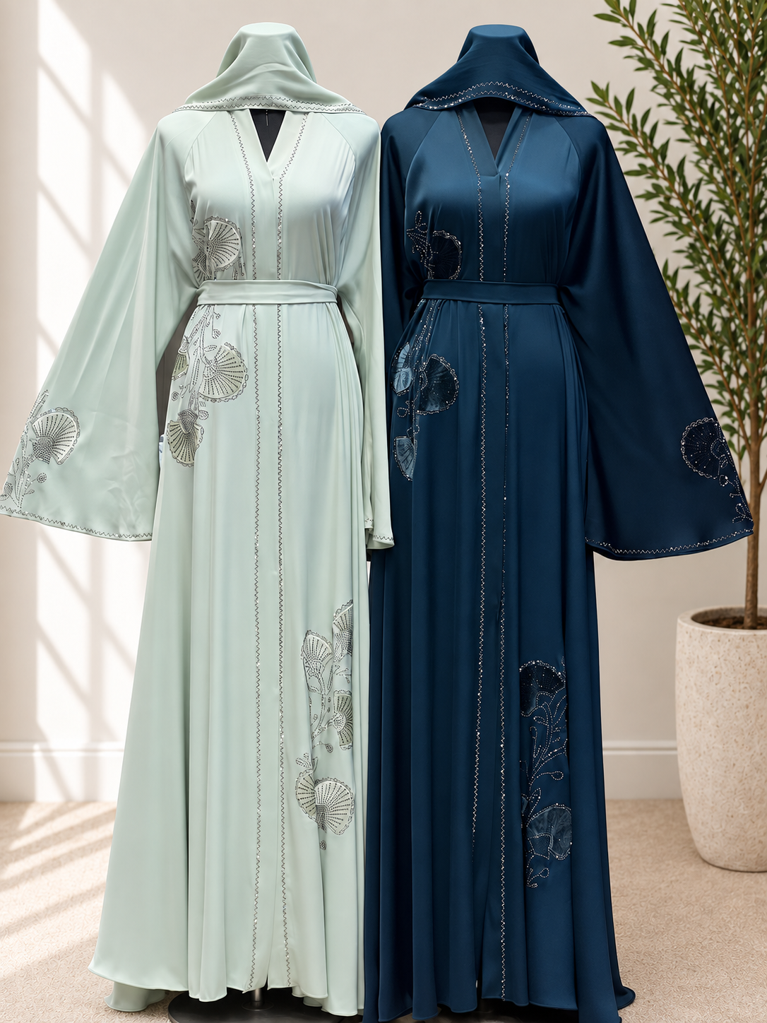 Luxury Floral Embellished Abaya with Matching Belt – Elegant Full-Length Occasion Dress in Mint Green and Navy Blue