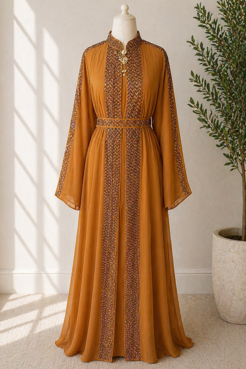JABIHNOOR Royal Crystal Panel Occasion Abaya with Matching Belt