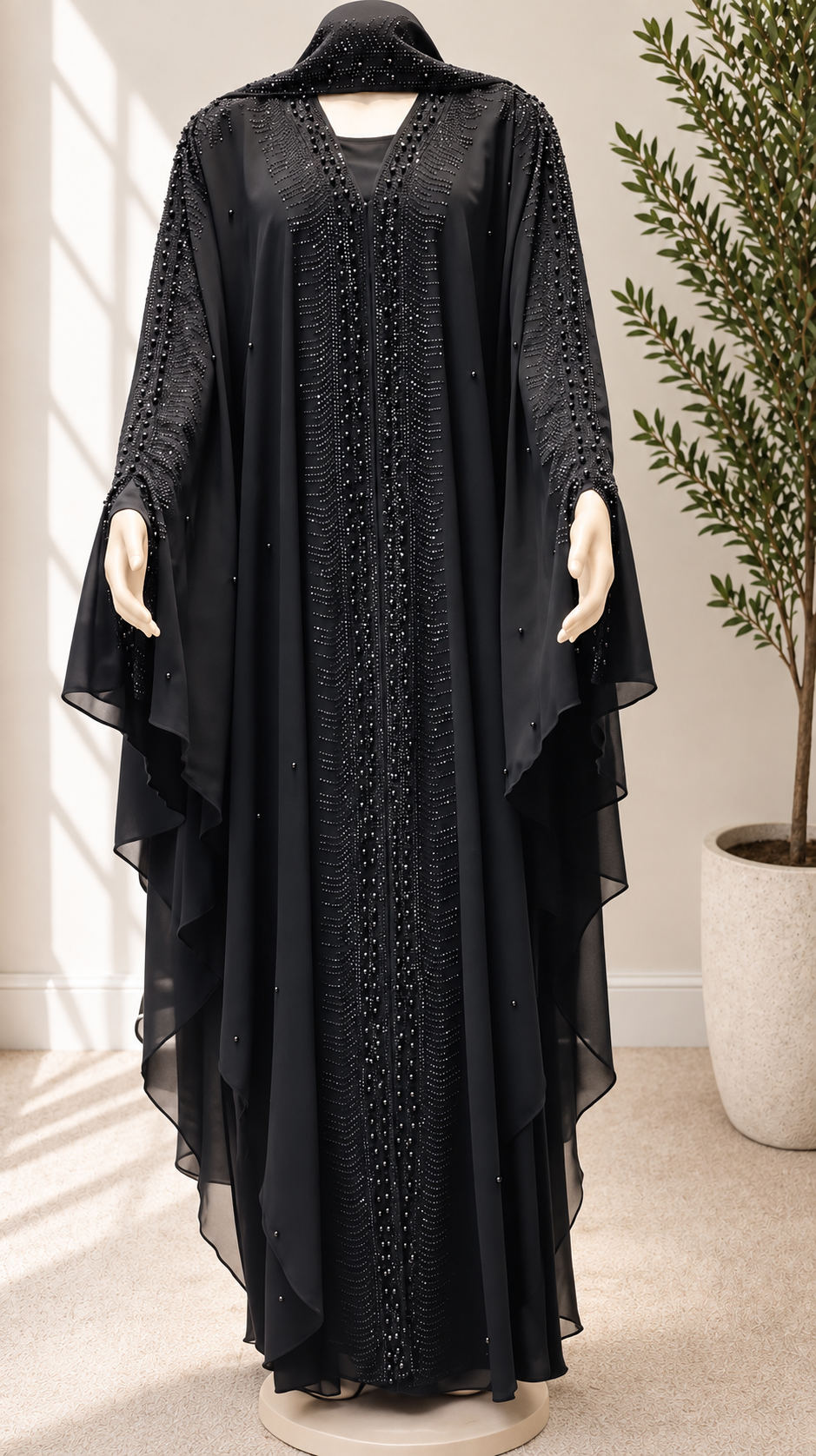 JABIHNOOR Luxury Black Crystal-Beaded Butterfly Open Abaya with Flowing Cape Sleeves – Elegant Dubai Style Wedding, Eid and Evening Occasion Wear