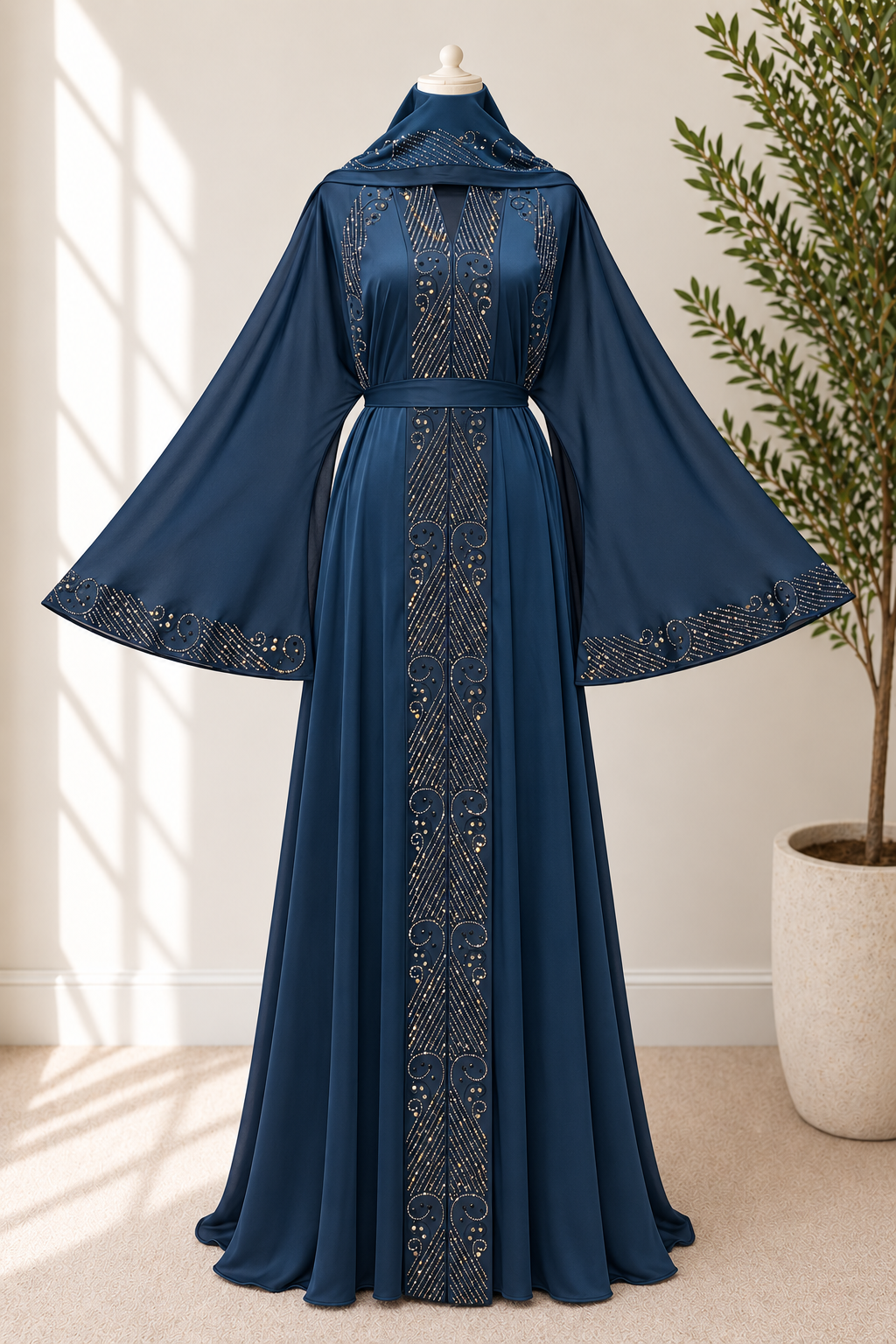JABIHNOOR Regal Geometric Crystal Open Abaya with Belt & Matching Hijab