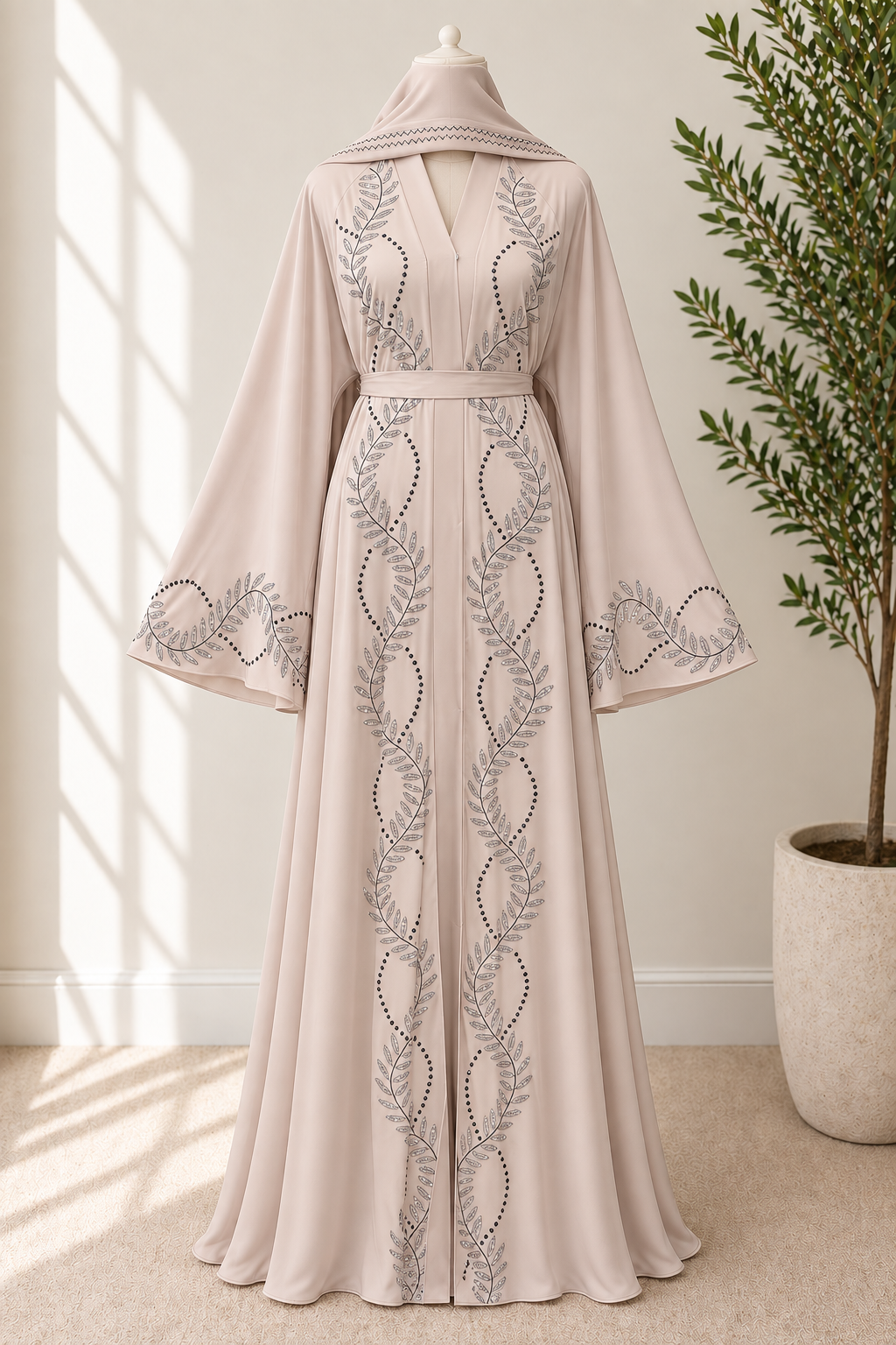 Luxury Leaf Crystal Embellished Open Abaya with Belt & Matching Hijab | JABIHNOOR