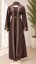 JABIHNOOR Luxury Chocolate Brown Crystal Feather Embellished Open Abaya Set with Matching Inner Dress, Belt & Hijab – Elegant Dubai Style Wedding, Eid and Occasion Wear