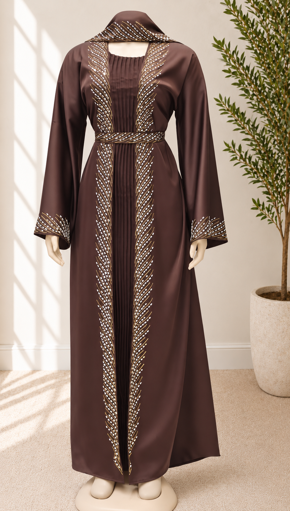 JABIHNOOR Luxury Chocolate Brown Crystal Feather Embellished Open Abaya Set with Matching Inner Dress, Belt & Hijab – Elegant Dubai Style Wedding, Eid and Occasion Wear