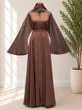 Luxury Chocolate Brown Crystal Embellished Abaya – Elegant Full-Length Occasion Dress with Statement Wide Sleeves and Matching Belt