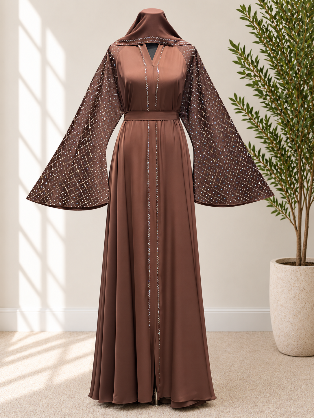 Luxury Chocolate Brown Crystal Embellished Abaya – Elegant Full-Length Occasion Dress with Statement Wide Sleeves and Matching Belt