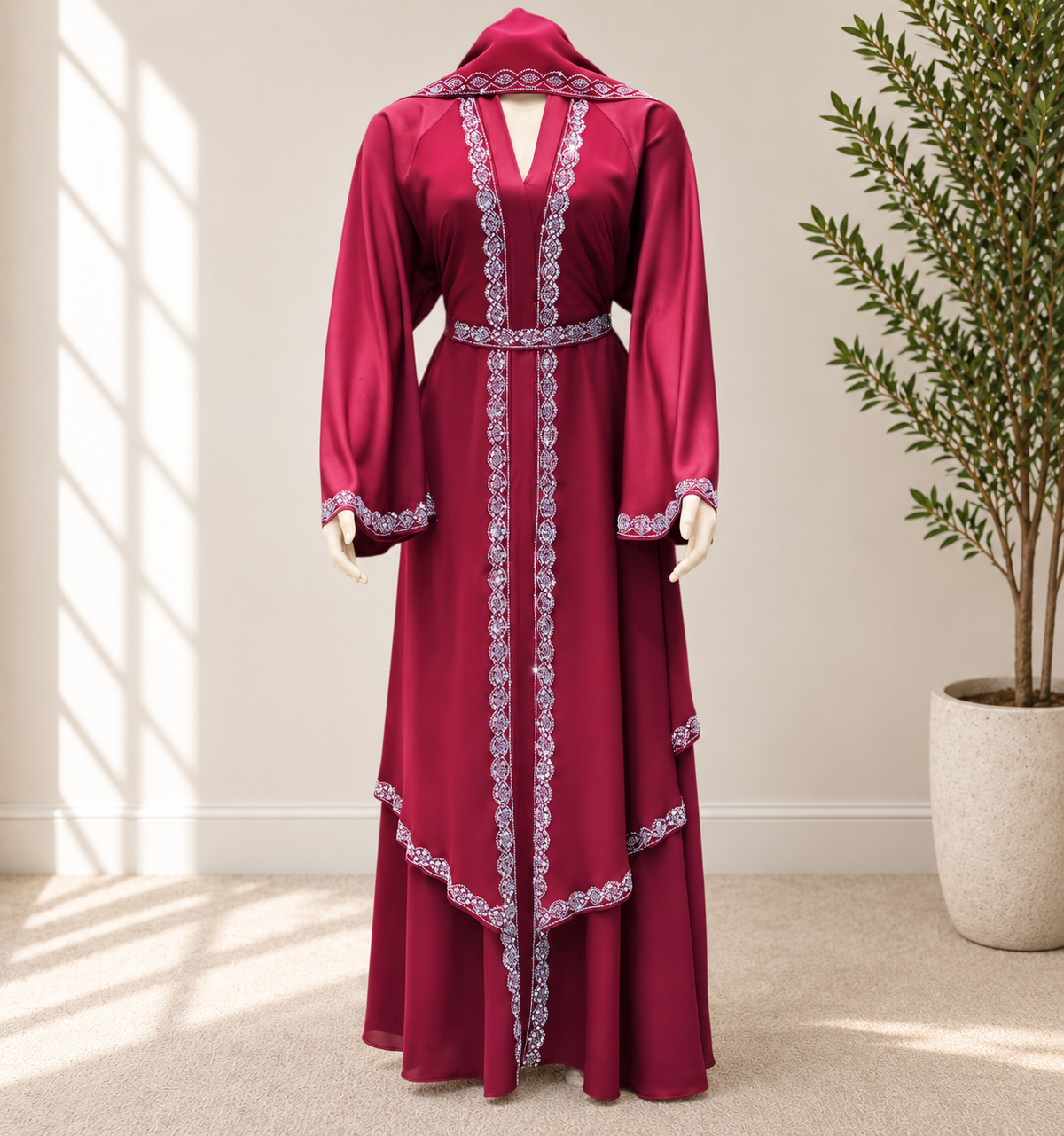 JABIHNOOR Luxury Sky Blue Layered Crystal Embellished Abaya Dress with Matching Belt & Hijab – Elegant Wedding, Eid and Special Occasion Wear
