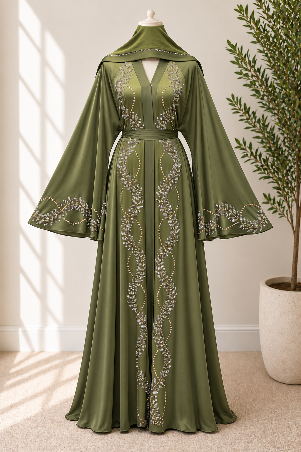 Luxury Leaf Crystal Embellished Open Abaya with Belt & Matching Hijab | JABIHNOOR