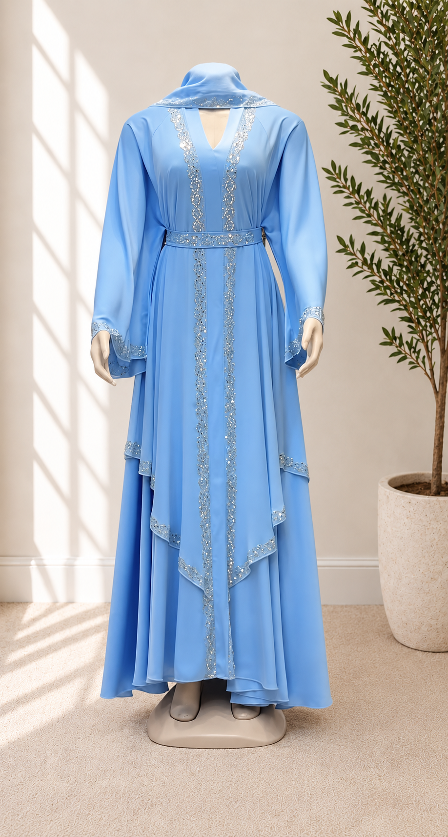 JABIHNOOR Luxury Sky Blue Layered Crystal Embellished Abaya Dress with Matching Belt & Hijab – Elegant Wedding, Eid and Special Occasion Wear