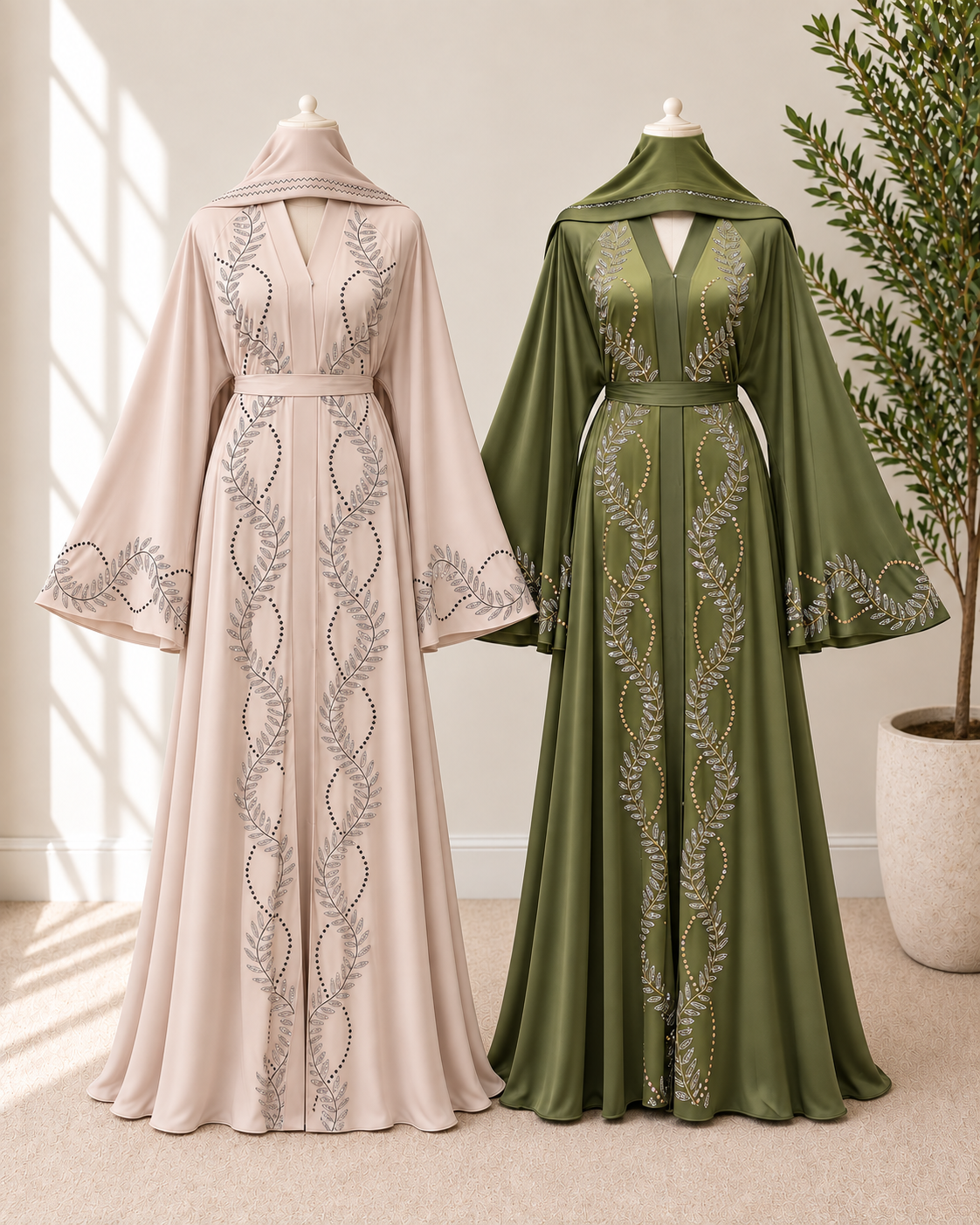 Luxury Leaf Crystal Embellished Open Abaya with Belt & Matching Hijab | JABIHNOOR