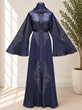 Luxury Black Crystal Branch Embellished Open Abaya – Elegant Full-Length Occasion Dress with Dramatic Wide Sleeves and Matching Belt
