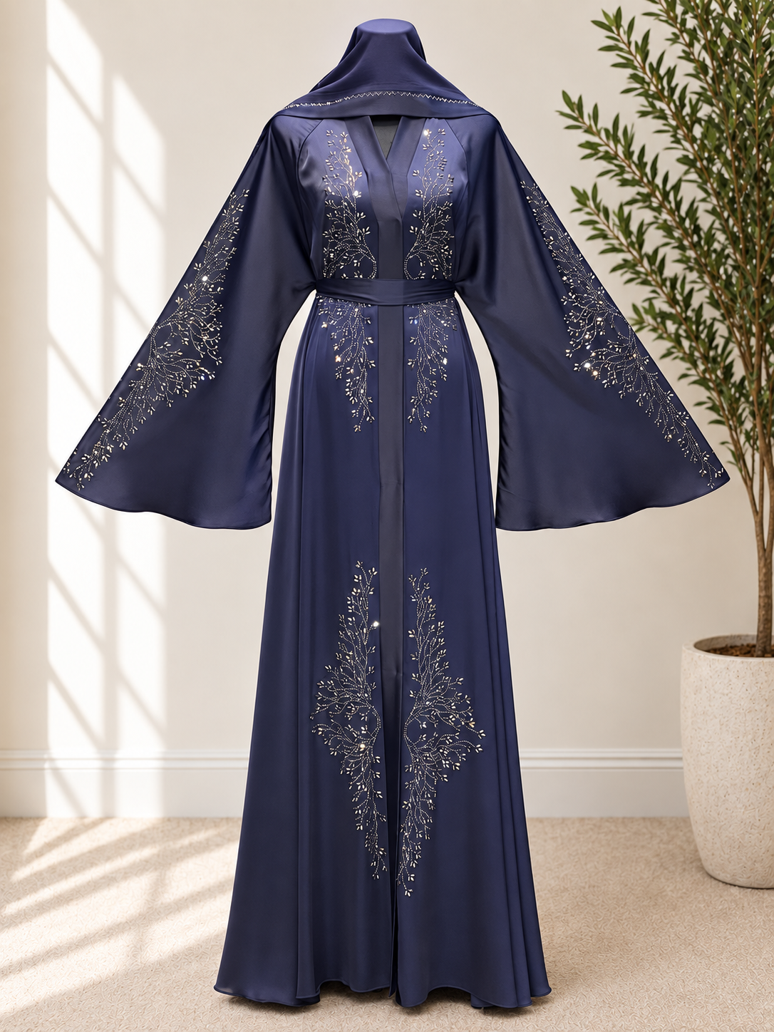 Luxury Black Crystal Branch Embellished Open Abaya – Elegant Full-Length Occasion Dress with Dramatic Wide Sleeves and Matching Belt