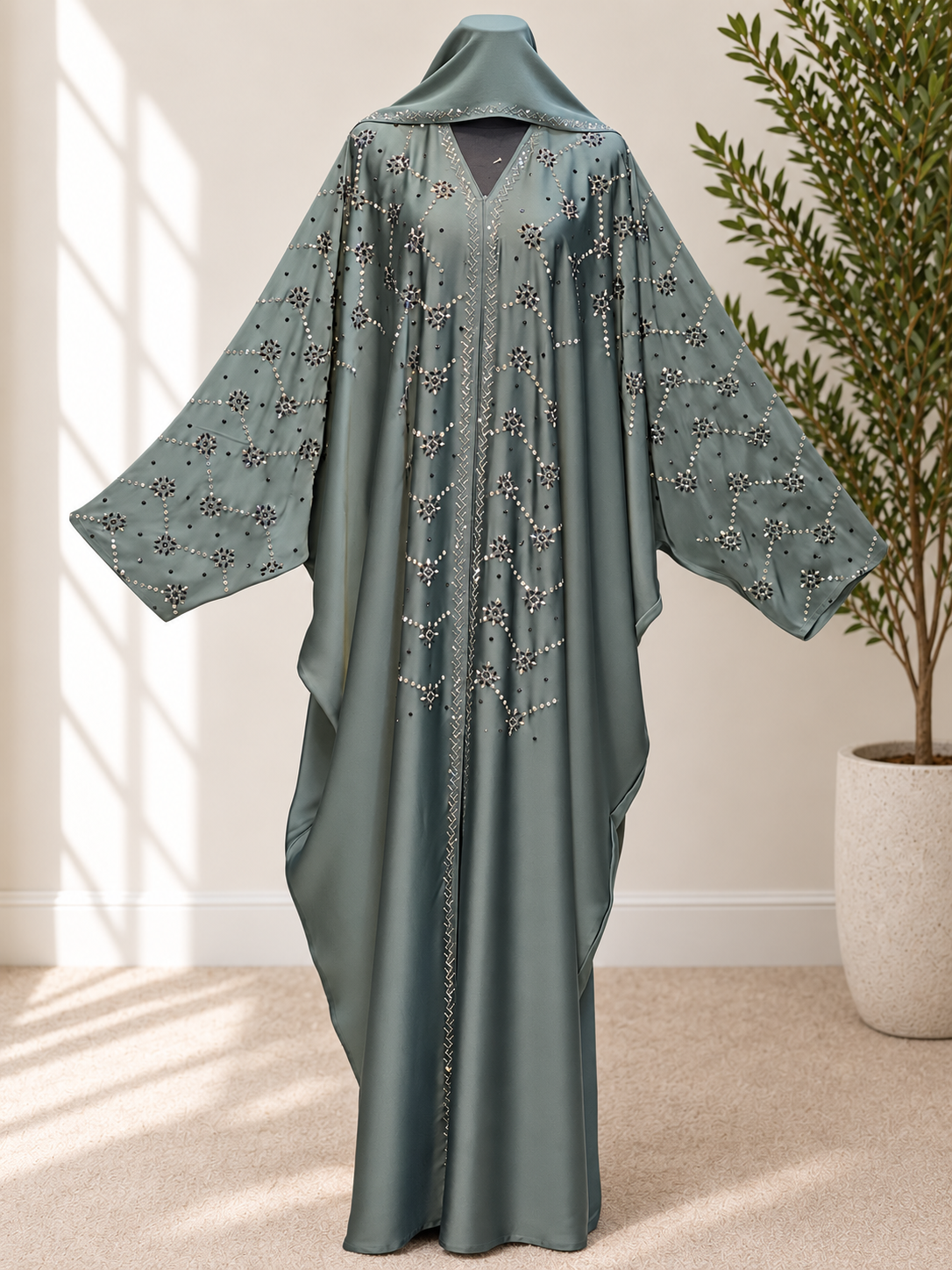 Luxury Sage Green Crystal Floral Butterfly Abaya – Elegant Full-Length Occasion Kaftan with Flowing Batwing Sleeves and Silver Embellishment