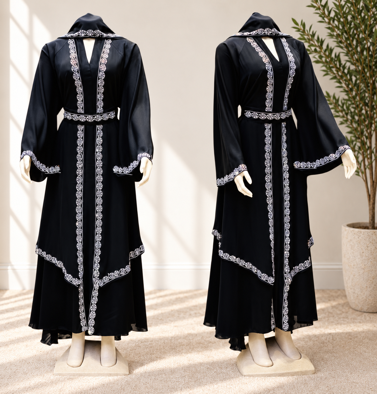 JABIHNOOR Luxury Sky Blue Layered Crystal Embellished Abaya Dress with Matching Belt & Hijab – Elegant Wedding, Eid and Special Occasion Wear