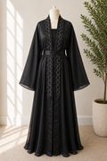 JABIHNOOR Luxury Satin Wave-Trim Open Abaya with Matching Belt
