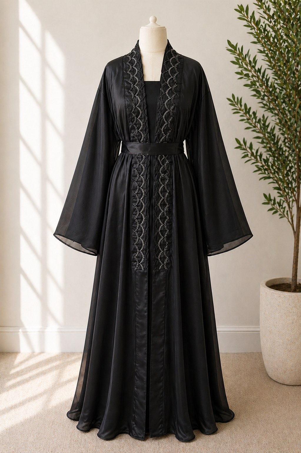 JABIHNOOR Luxury Satin Wave-Trim Open Abaya with Matching Belt