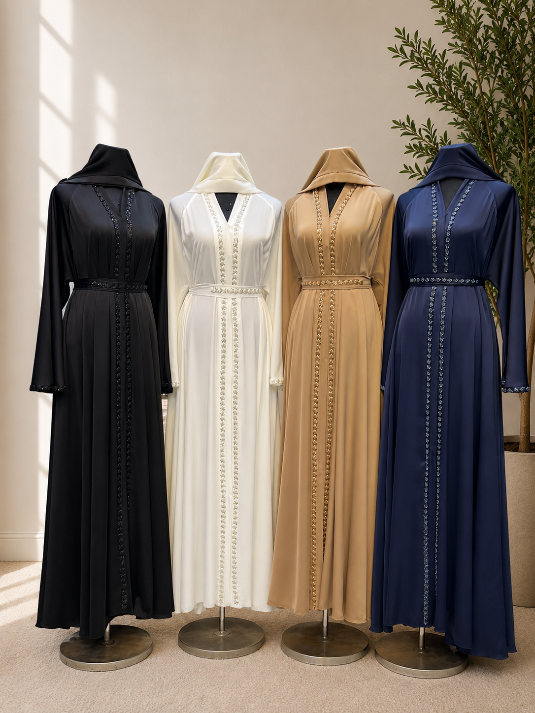 JABIHNOOR Elegant Floral Crystal-Trim Abaya with Belt & Matching Hijab