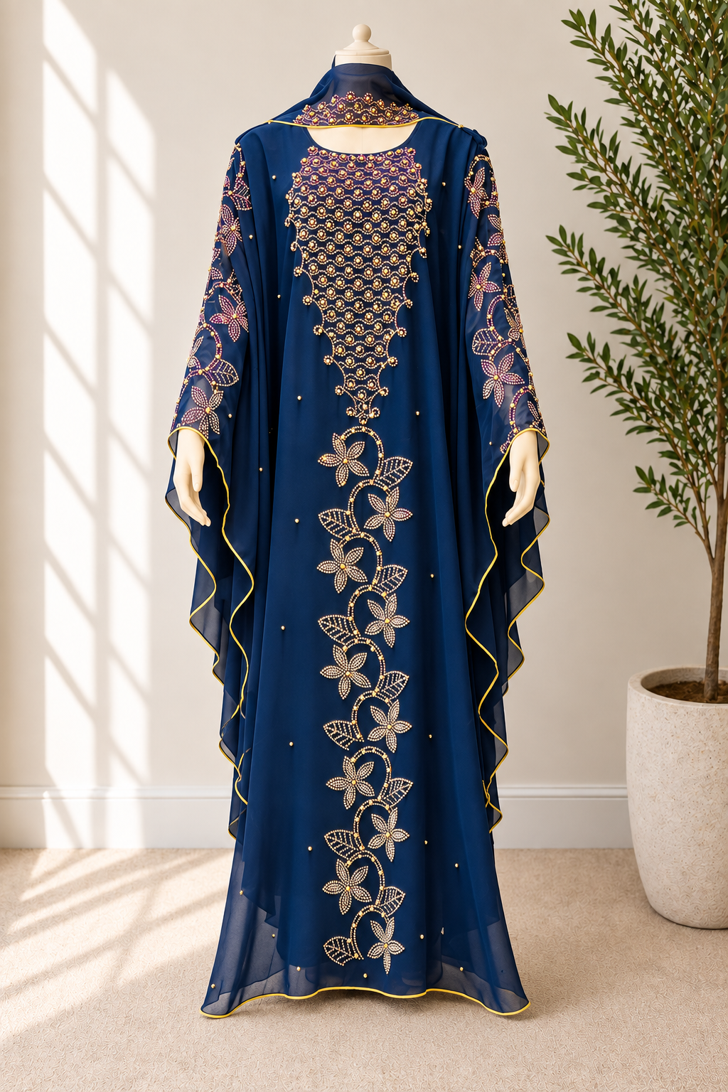 JABIHNOOR Luxury Navy Blue Floral Crystal Embellished Butterfly Kaftan Abaya with Matching Hijab – Elegant Dubai Style Wedding, Eid and Special Occasion Dress