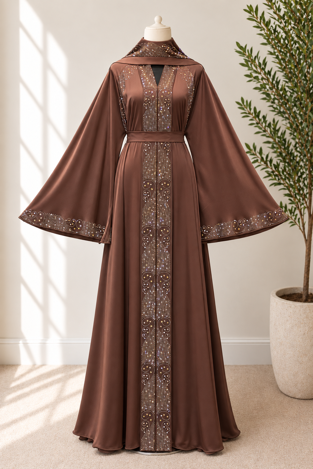 JABIHNOOR Regal Geometric Crystal Open Abaya with Belt & Matching Hijab