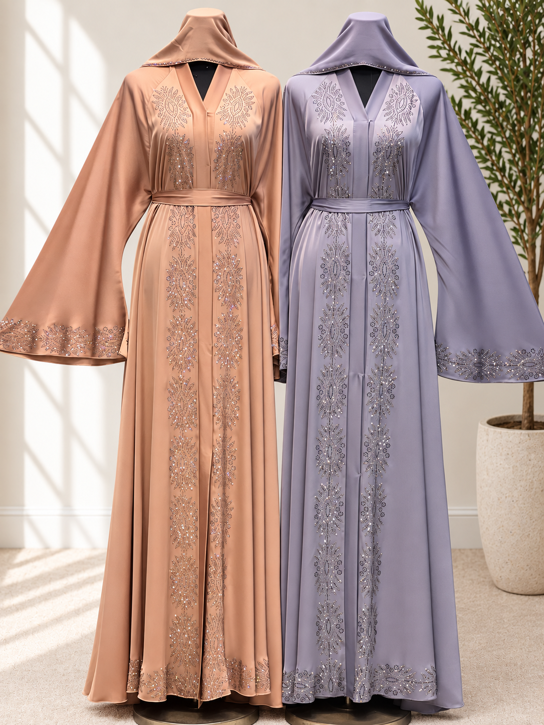 Royal Crystal Medallion Open Abaya with Belt & Matching Hijab | JABIHNOOR
