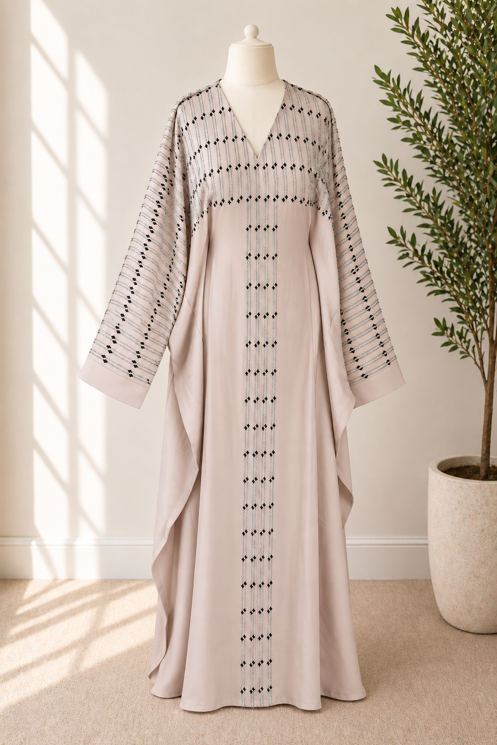 JABIHNOOR Luxury Blush Beige Crystal-Striped Butterfly Kaftan Abaya with Black Floral Beading – Elegant Dubai Style Eid, Wedding and Special Occasion Dress