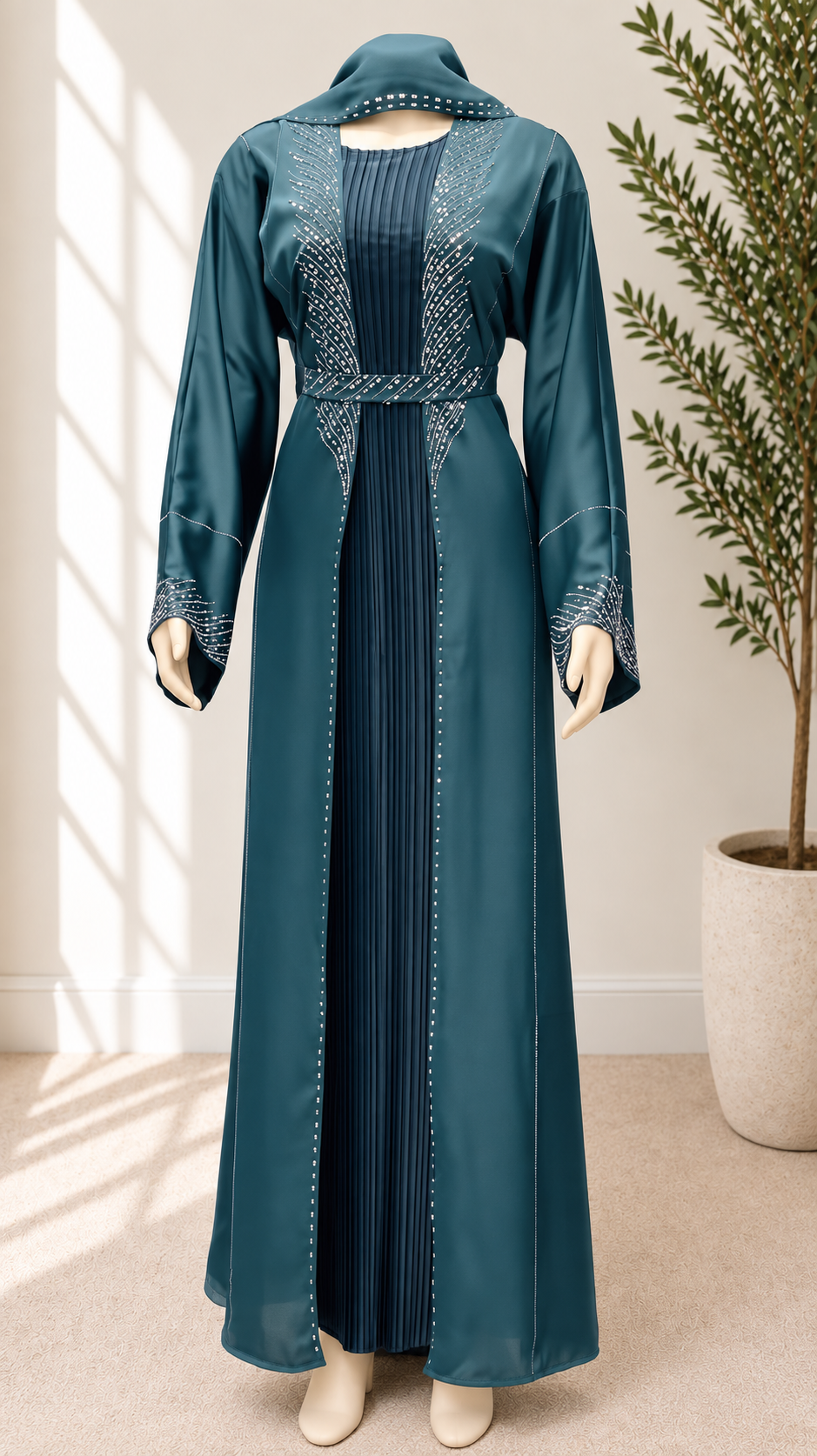 JABIHNOOR Luxury Crystal Feather Embellished Open Abaya Set with Matching Inner Dress, Belt & Hijab – Elegant Dubai Style Wedding, Eid and Occasion Wear