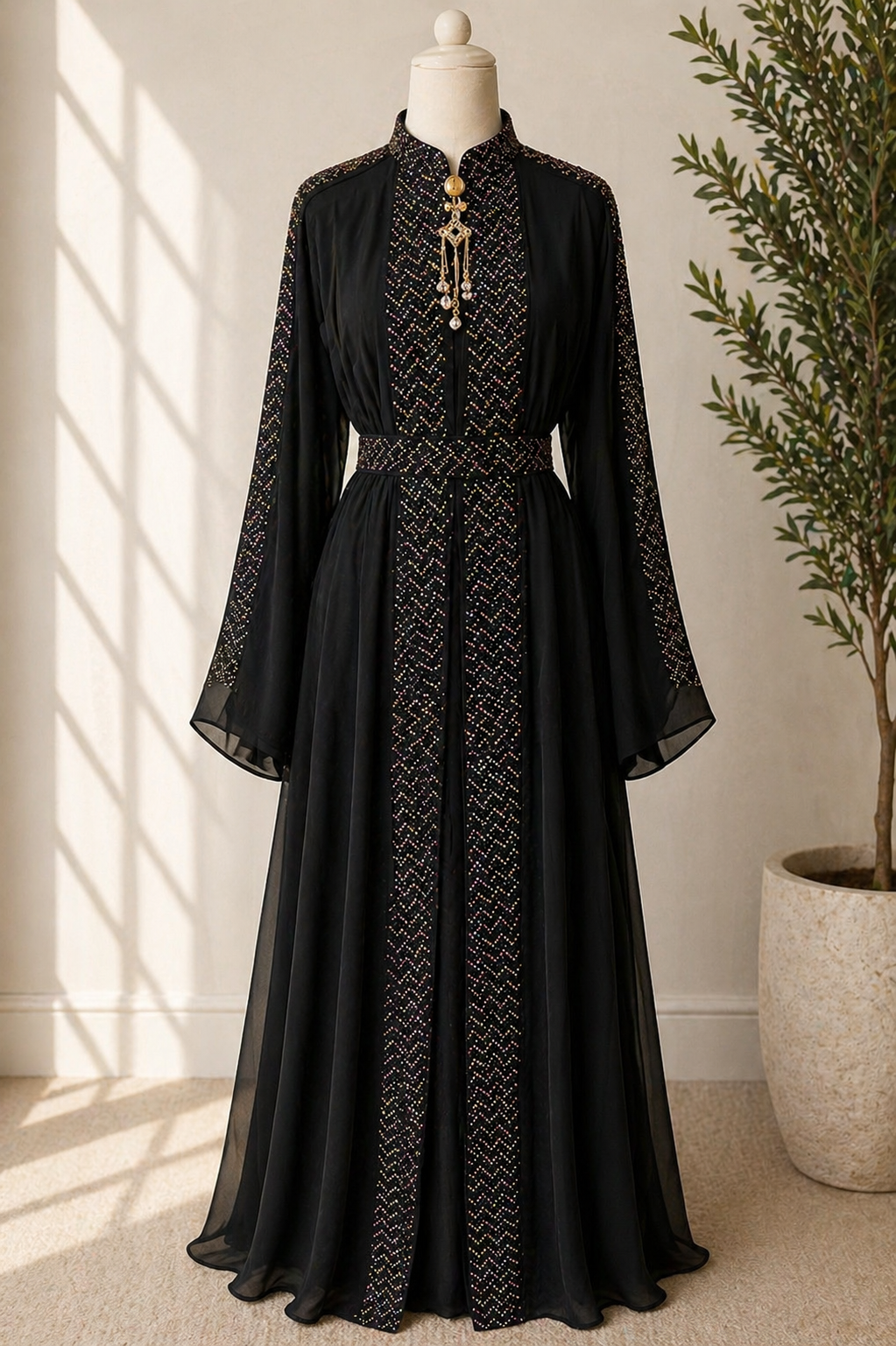JABIHNOOR Royal Crystal Panel Occasion Abaya with Matching Belt