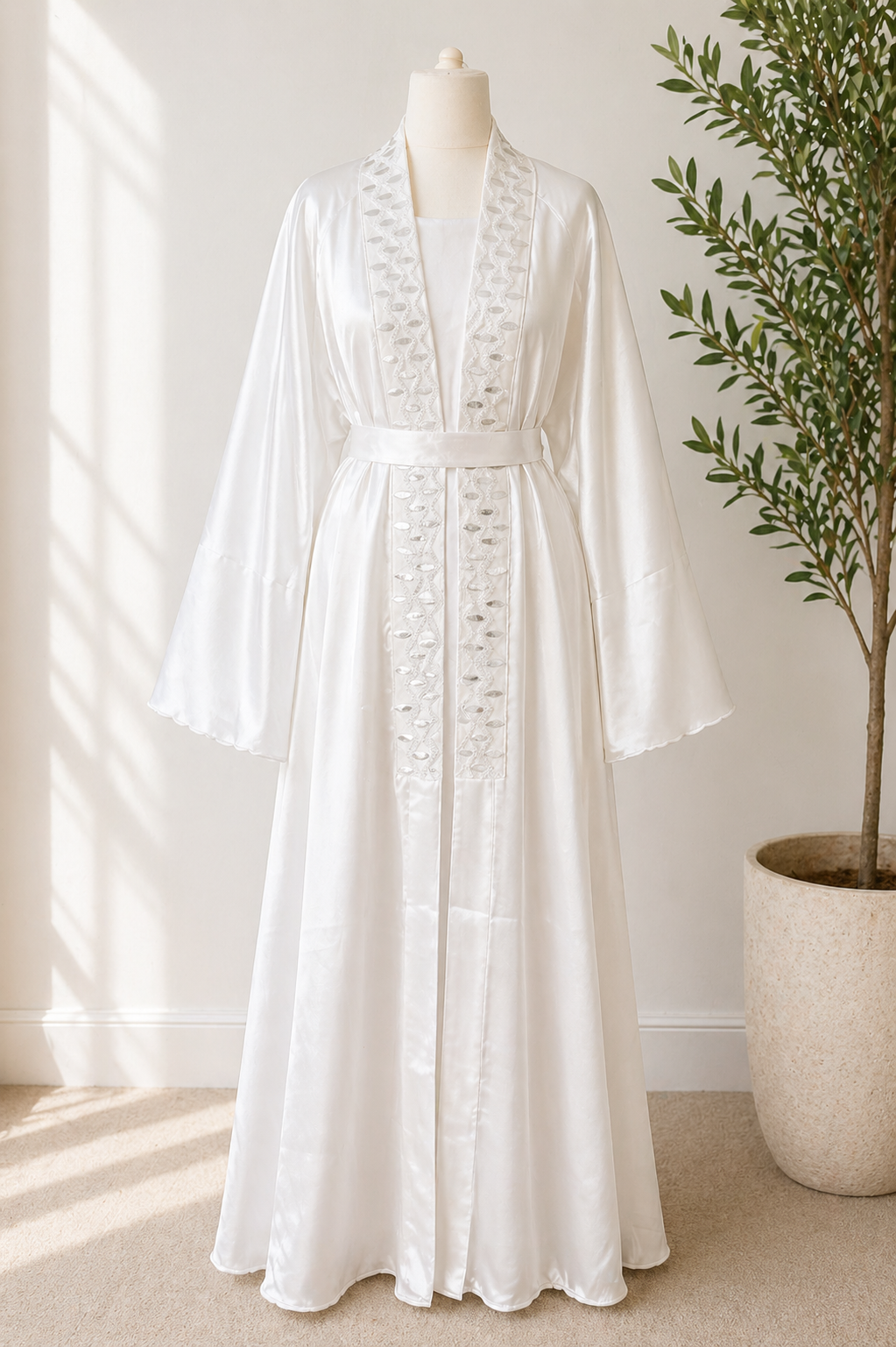 JABIHNOOR Luxury Satin Wave-Trim Open Abaya with Matching Belt