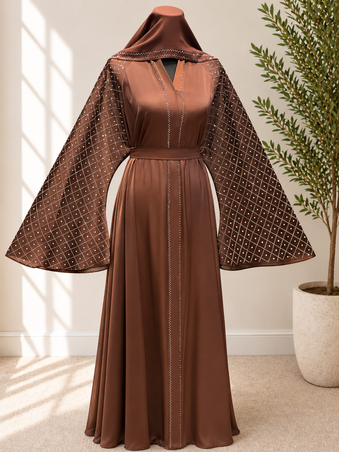 Luxury Chocolate Brown Crystal Embellished Abaya – Elegant Full-Length Occasion Dress with Statement Wide Sleeves and Matching Belt