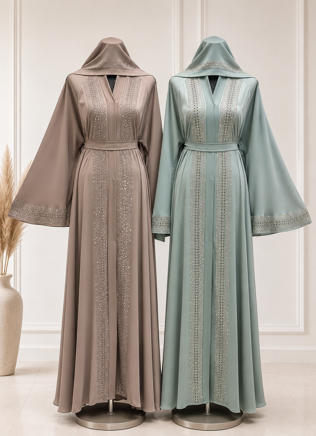 Luxury Embellished Abaya with Matching Hijab & Belt – Sage Green | JABIHNOOR