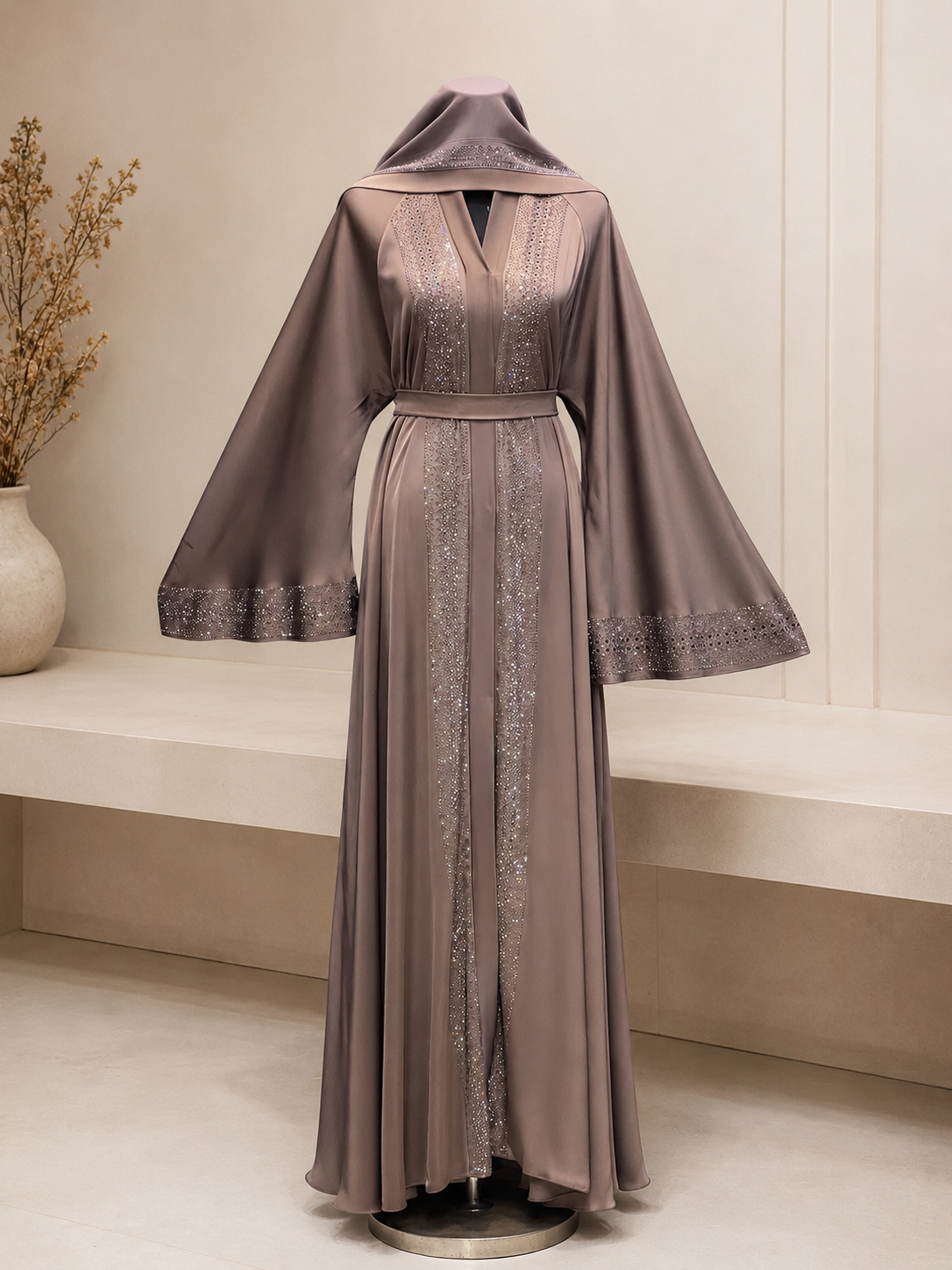 Luxury Embellished Abaya with Matching Hijab & Belt – Sage Green | JABIHNOOR