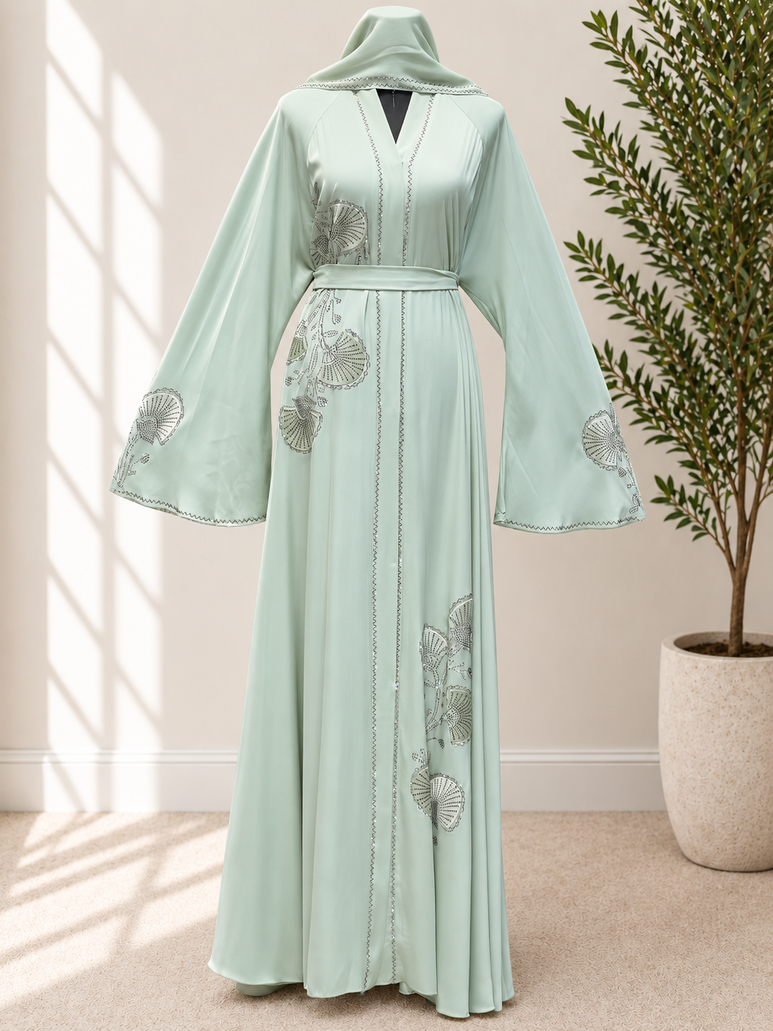 Luxury Floral Embellished Abaya with Matching Belt – Elegant Full-Length Occasion Dress in Mint Green and Navy Blue