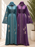 Luxury Floral Crystal Embellished Open Abaya with Matching Belt – Elegant Full-Length Occasion Dress in Teal Blue and Royal Purple