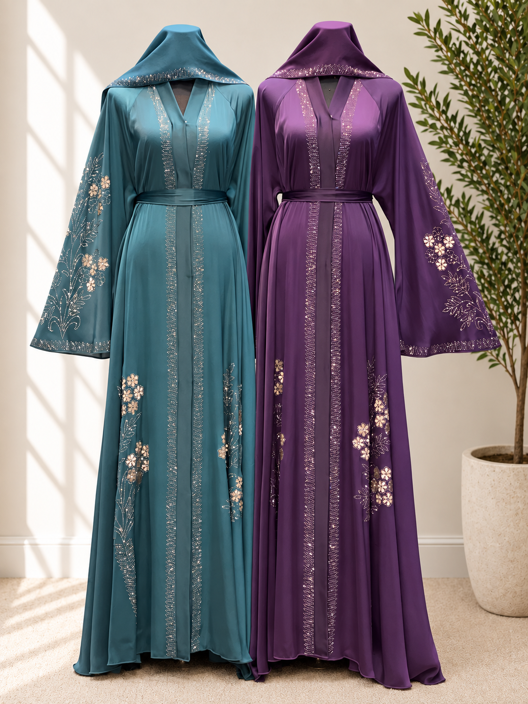 Luxury Floral Crystal Embellished Open Abaya with Matching Belt – Elegant Full-Length Occasion Dress in Teal Blue and Royal Purple
