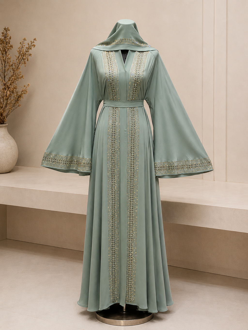 Luxury Embellished Abaya with Matching Hijab & Belt – Sage Green | JABIHNOOR