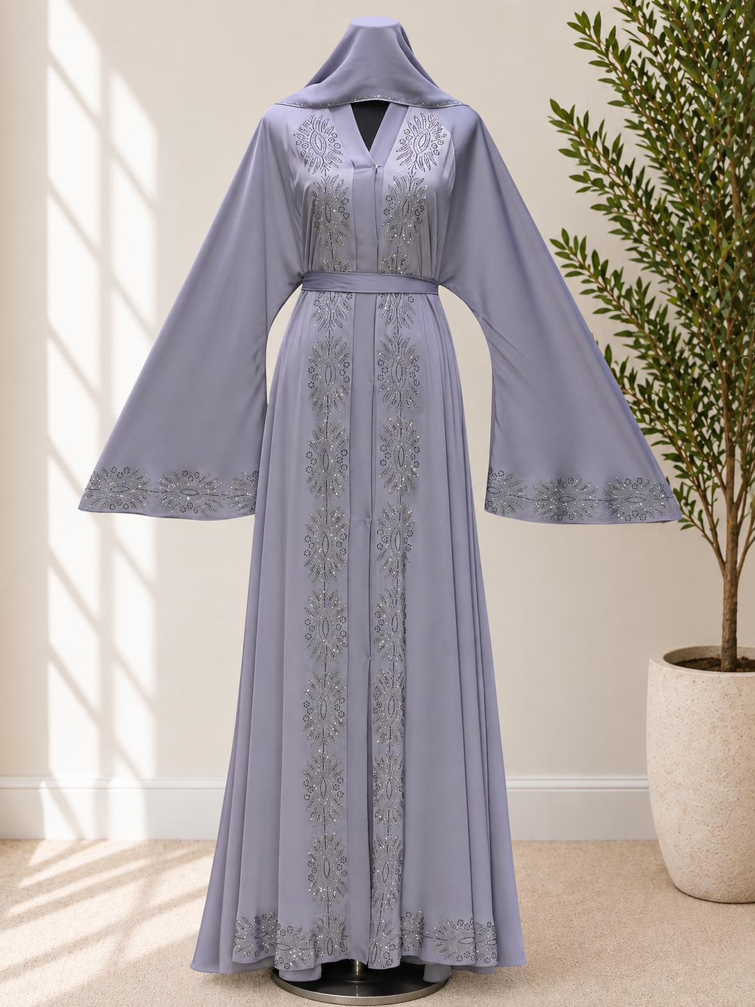 Royal Crystal Medallion Open Abaya with Belt & Matching Hijab | JABIHNOOR
