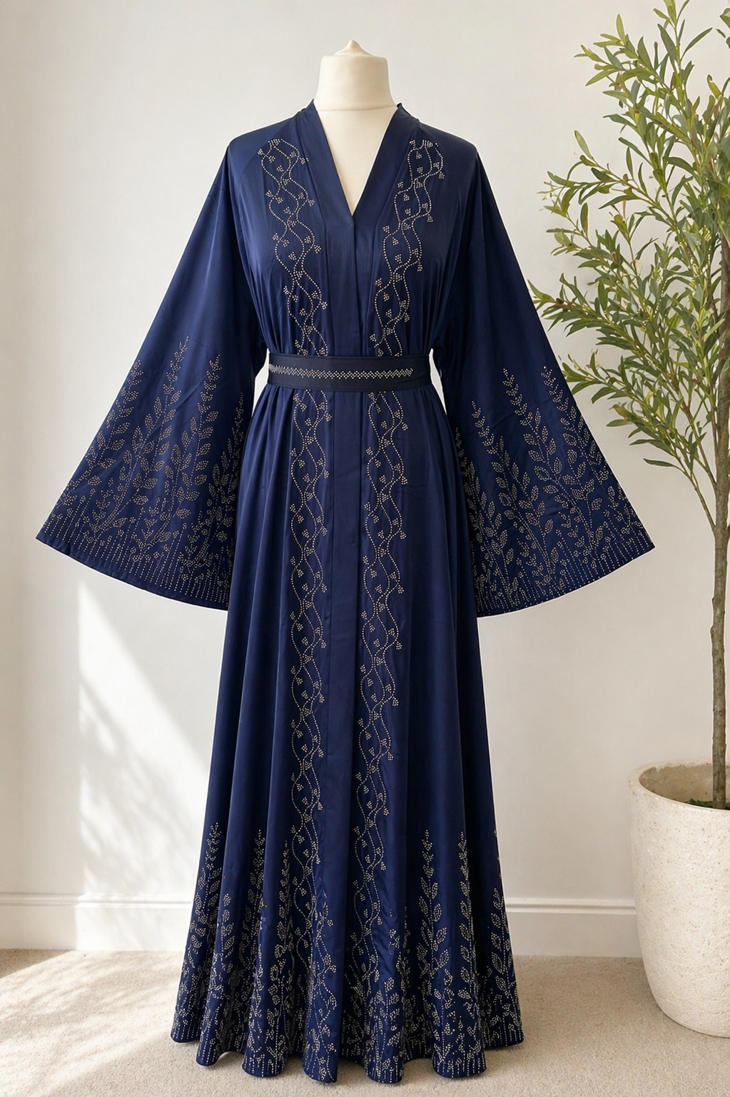 JABIHNOOR Luxury Crystal Vine Embellished Open Abaya with Dramatic Wide Sleeves & Matching Belt – Elegant Dubai Style Wedding, Eid and Special Occasion Wear