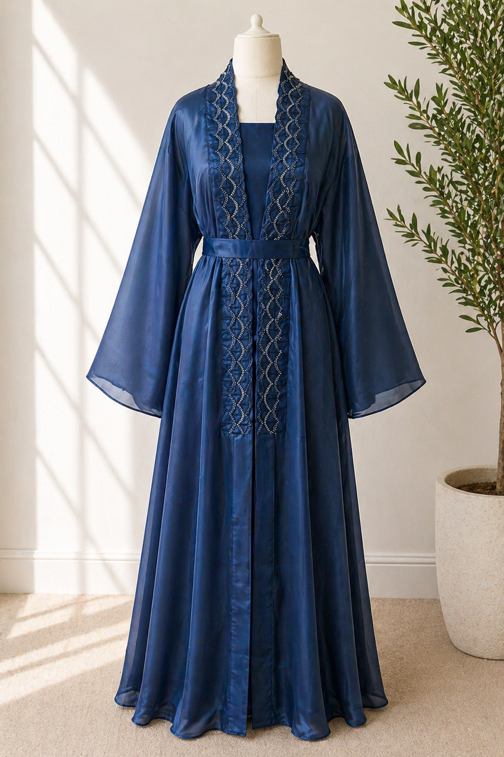 JABIHNOOR Luxury Satin Wave-Trim Open Abaya with Matching Belt