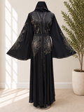 Luxury Black Statement Floral Crystal Abaya – Elegant Full-Length Occasion Dress with Dramatic Wide Sleeves and Matching Waist Belt