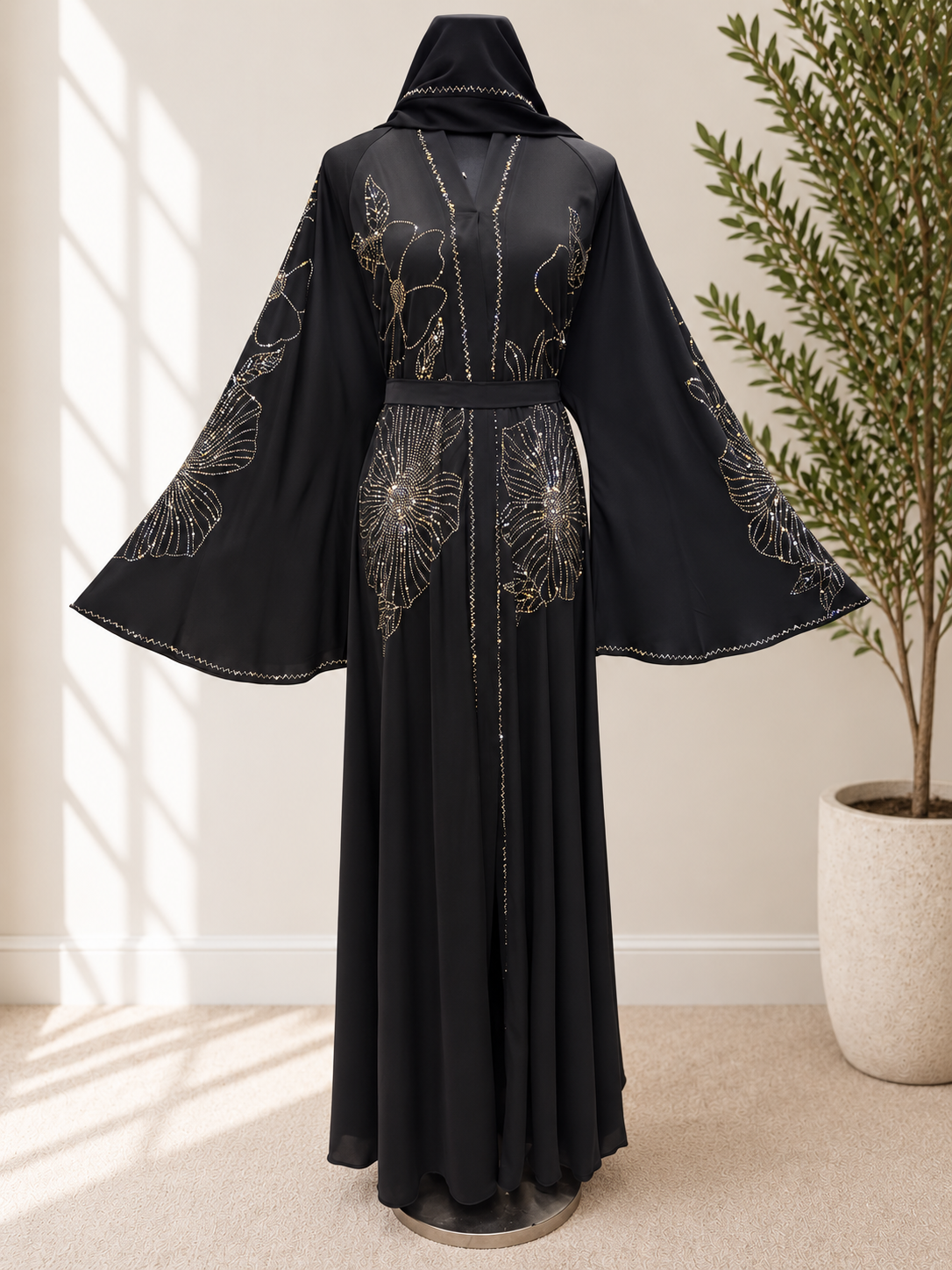 Luxury Black Statement Floral Crystal Abaya – Elegant Full-Length Occasion Dress with Dramatic Wide Sleeves and Matching Waist Belt