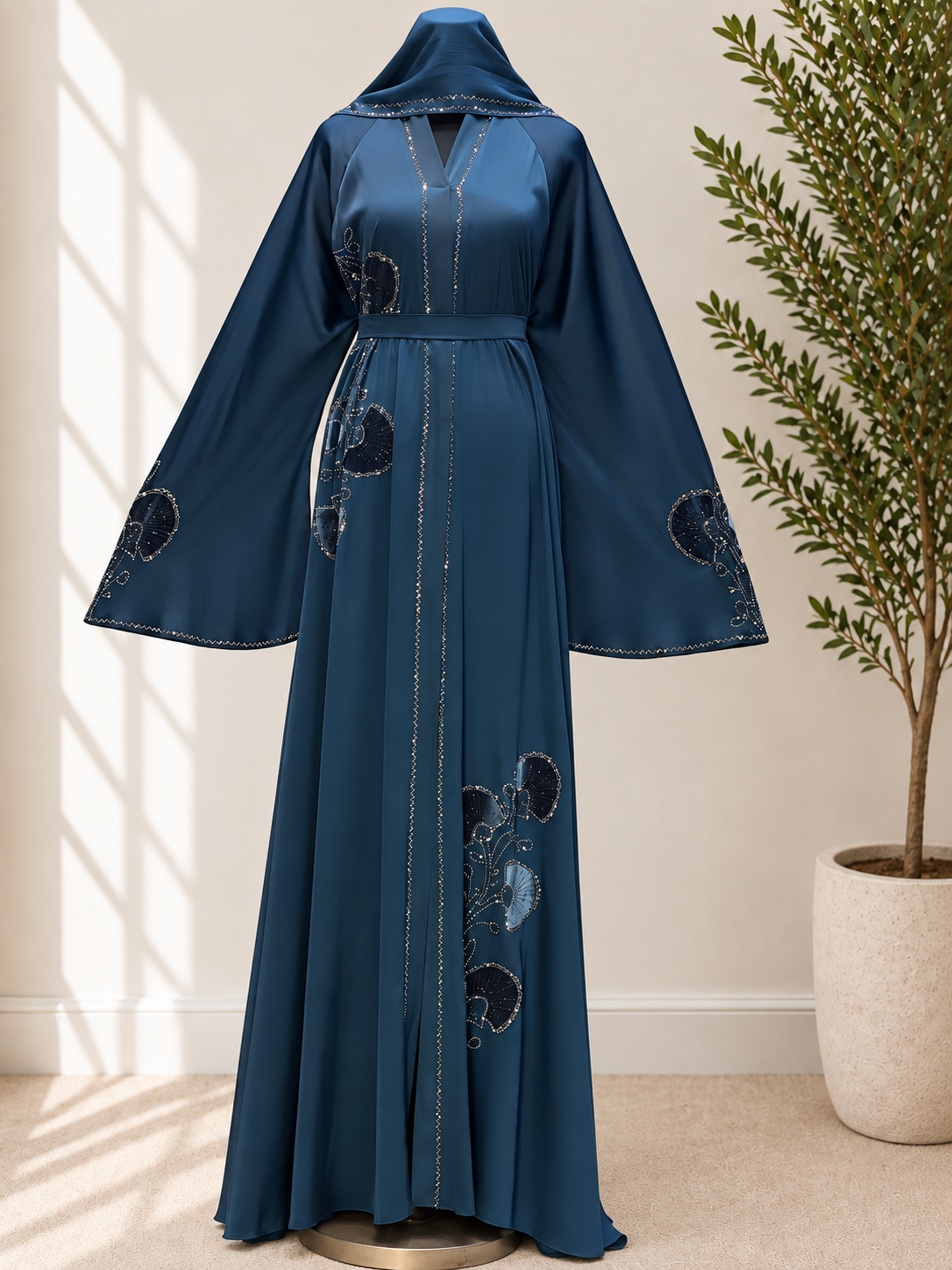 Luxury Floral Embellished Abaya with Matching Belt – Elegant Full-Length Occasion Dress in Mint Green and Navy Blue