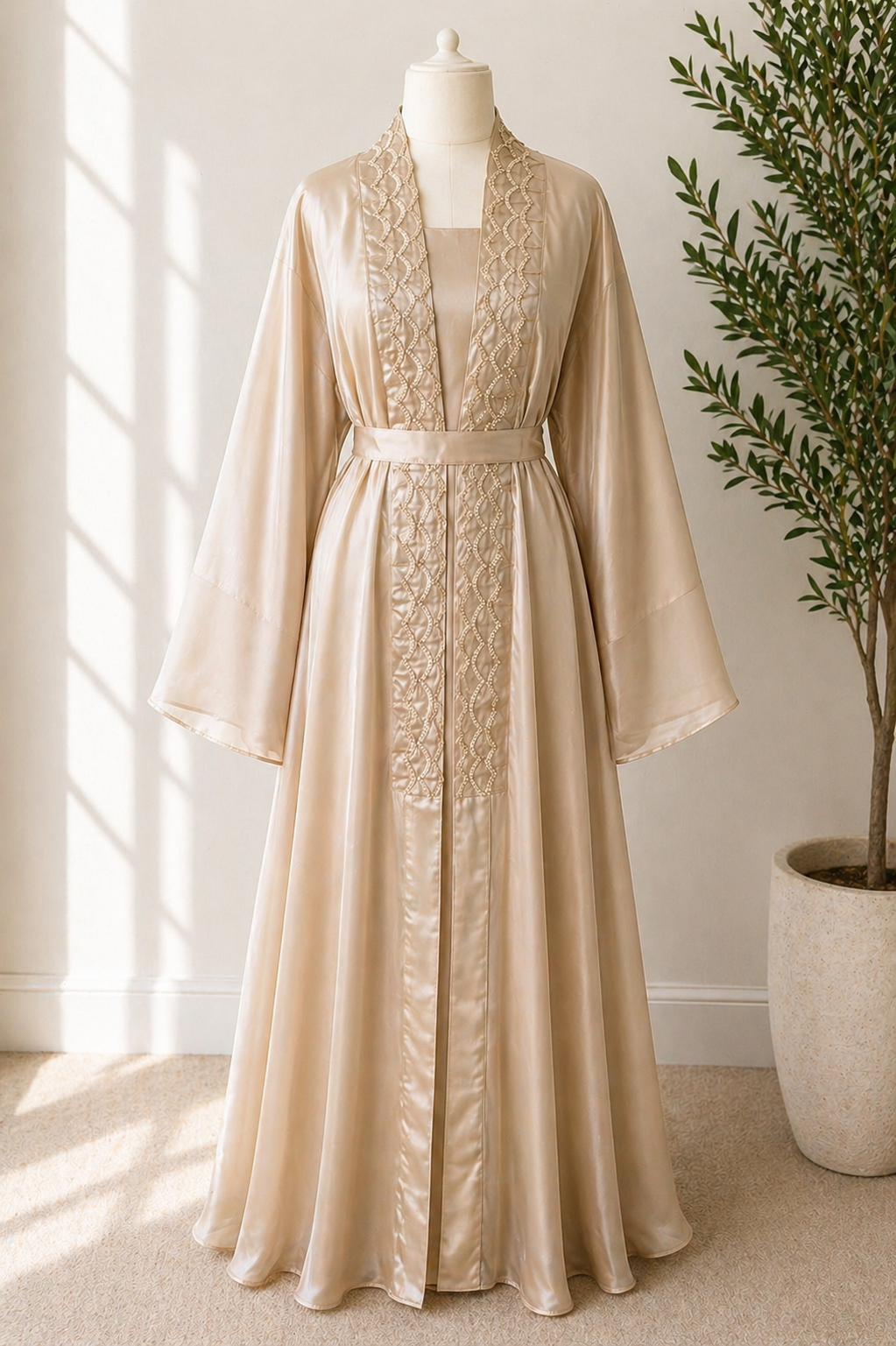 JABIHNOOR Luxury Satin Wave-Trim Open Abaya with Matching Belt