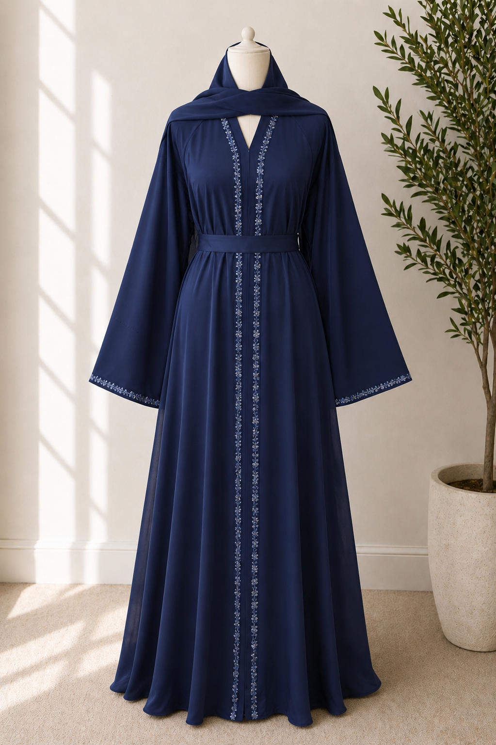 JABIHNOOR Elegant Floral Crystal-Trim Abaya with Belt & Matching Hijab