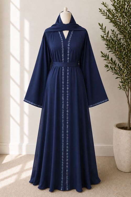 JABIHNOOR Elegant Floral Crystal-Trim Abaya with Belt & Matching Hijab