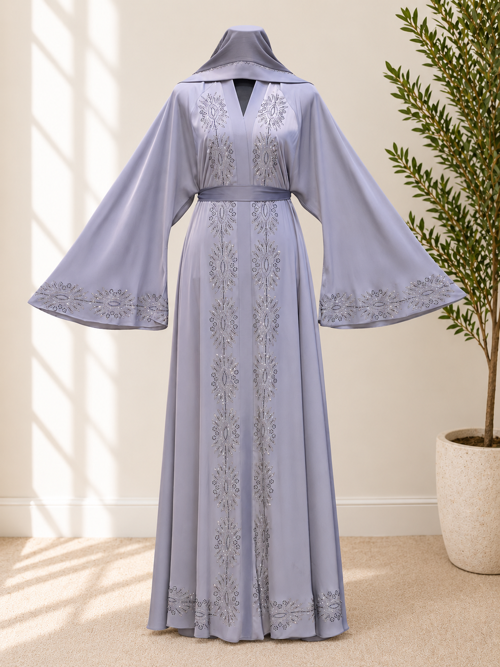 Royal Crystal Medallion Open Abaya with Belt & Matching Hijab | JABIHNOOR