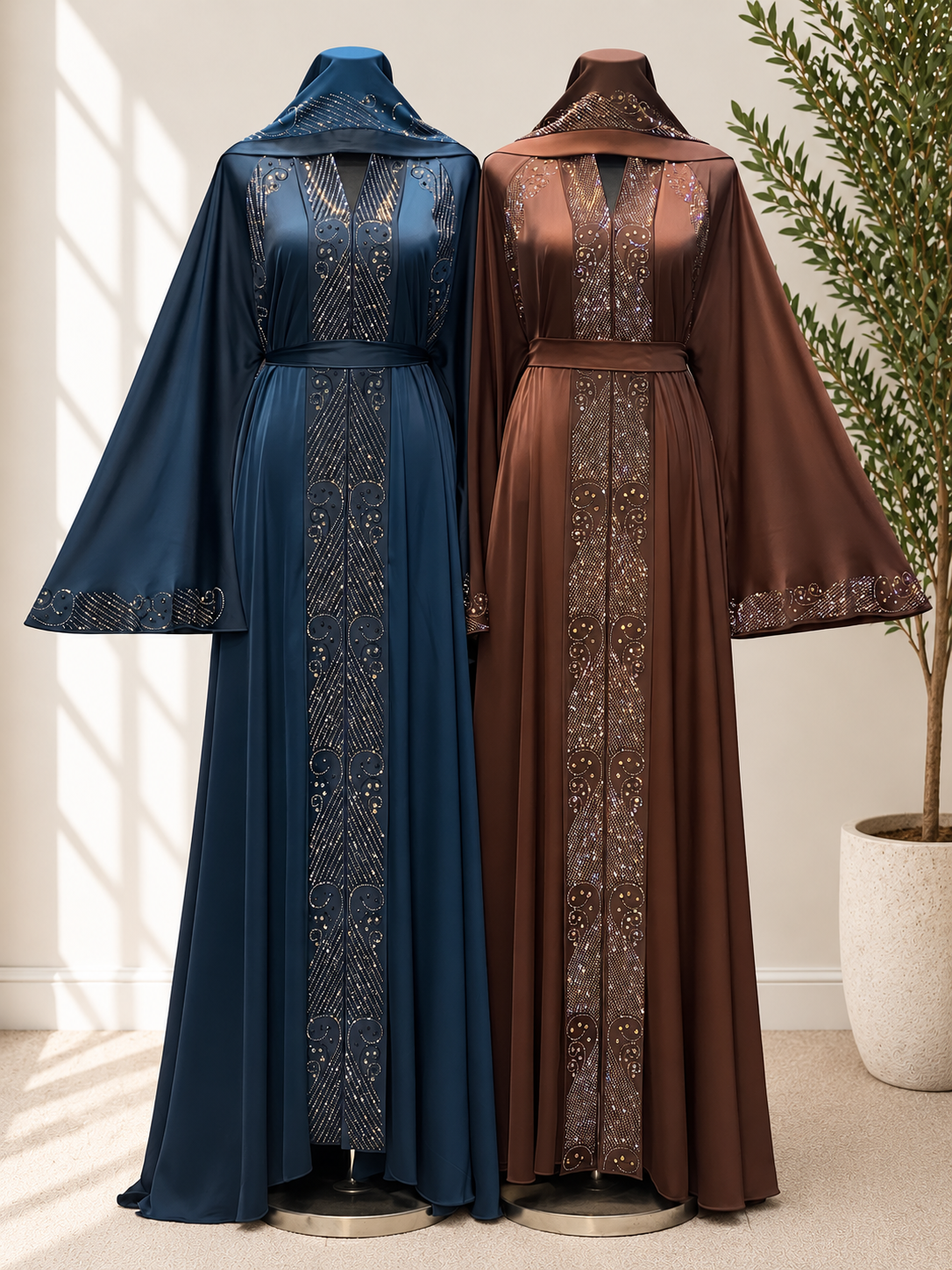 JABIHNOOR Regal Geometric Crystal Open Abaya with Belt & Matching Hijab