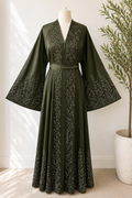 JABIHNOOR Luxury Crystal Vine Embellished Open Abaya with Dramatic Wide Sleeves & Matching Belt – Elegant Dubai Style Wedding, Eid and Special Occasion Wear