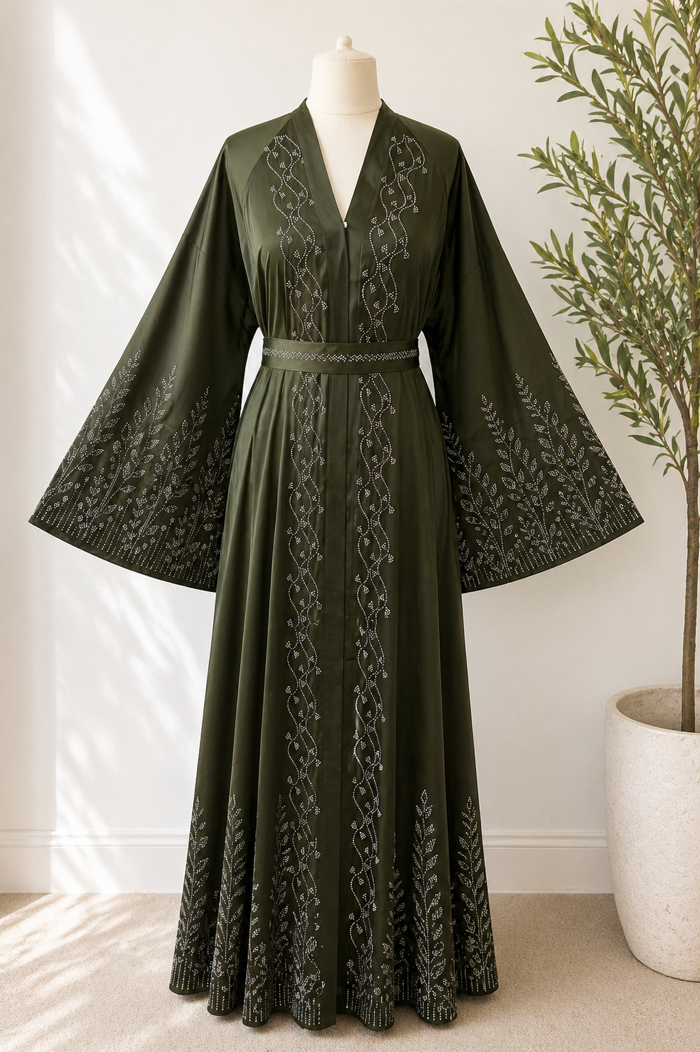 JABIHNOOR Luxury Crystal Vine Embellished Open Abaya with Dramatic Wide Sleeves & Matching Belt – Elegant Dubai Style Wedding, Eid and Special Occasion Wear