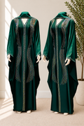 Luxury Emerald Green Crystal Embellished Butterfly Abaya – Elegant Full-Length Occasion Kaftan with Flowing Batwing Sleeves
