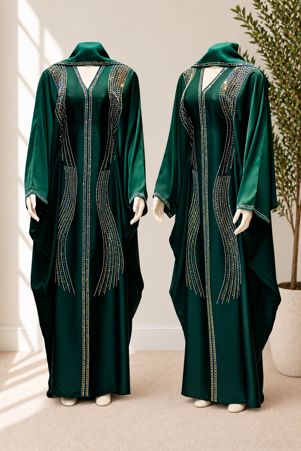 Luxury Emerald Green Crystal Embellished Butterfly Abaya – Elegant Full-Length Occasion Kaftan with Flowing Batwing Sleeves